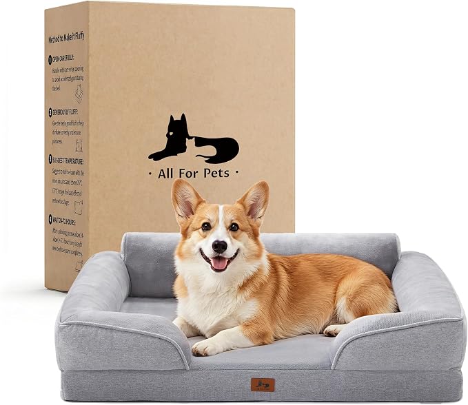 Orthopedic Dog Bed for Medium Size Dogs, Waterproof Egg-Crate Foam Pet Couch Bed with Soft Sides, Non-Slip Dog Sofa with Flannel Removable Washable Cover, 28"L Supportive Pet Sofa, Light Grey by WARMREST