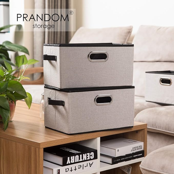 PRANDOM Fodable Storage Bins for Closet [3-pack] Decorative Fabric Storage Baskets Cubes with Leather/Metal Handles for Shelves Bedroom Living Room Light Grey (11.5x8.5x6.7 Inch) - Image 2