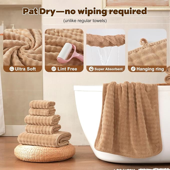 COZYART Lint Free 8 Pcs Bathroom Towels Set Ultra Soft Microfiber Tan | Fluffy, Thick, Highly Absorbent, Fast Dry, No Shedding, No Pilling, Fade Resistant, Durable, Long-lasting - Image 5