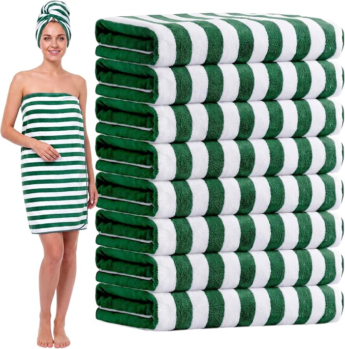 SmoothNovelty 8 Pack Microfiber Bath Towels Bulk 27'' x 60'' Oversized Bath Towel Highly Absorbent Extra Large Shower Sheets Soft Drying for Beach Pool Bathroom Salon Party(Wide Stripe,Green) by SmoothNovelty