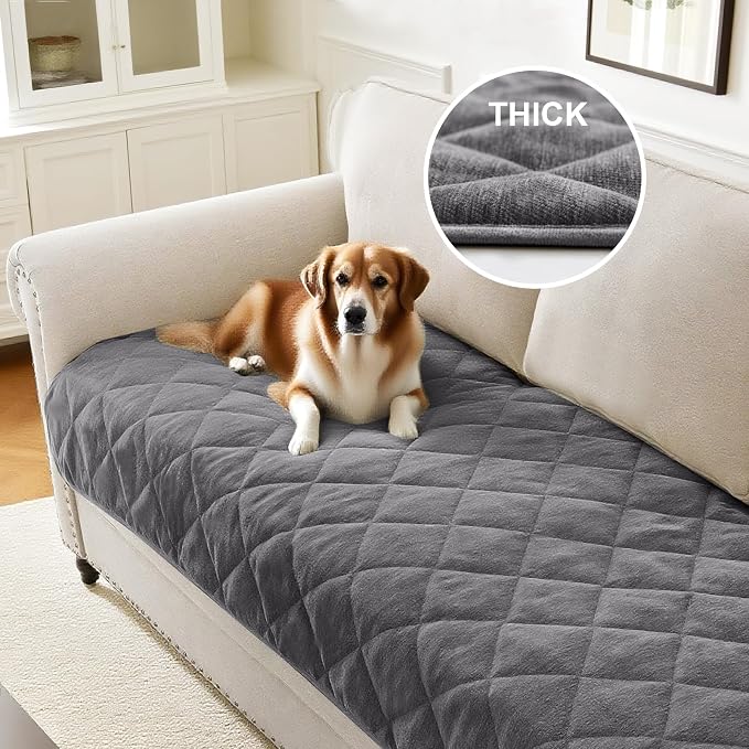 Couch Covers for Dogs Chenille Sofa Covers for 2 Cushion Washable Quilted Checkered Fuzzy Pet Couch Cover Soft Couch Protector Non-Slip Sofa Pads for Puppy Cat Kids(34.5" x 60", Light Grey) - Image 2