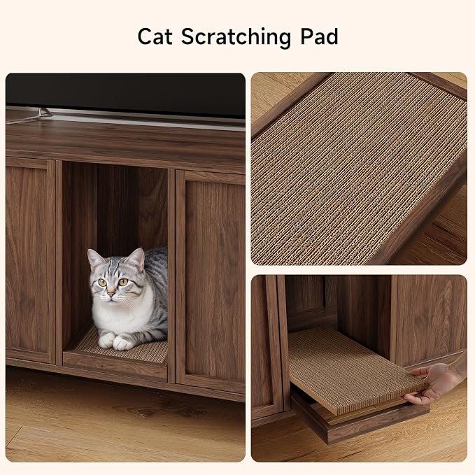 ONBRILL 63 Inches Cat Litter Box Enclosure for 2 Cats, Hidden Litter Boxes Furniture with Cat Scratch Pad, Large Indoor Pet House with Double Room, Wooden TV Stand Side Table, Walnut - Image 7