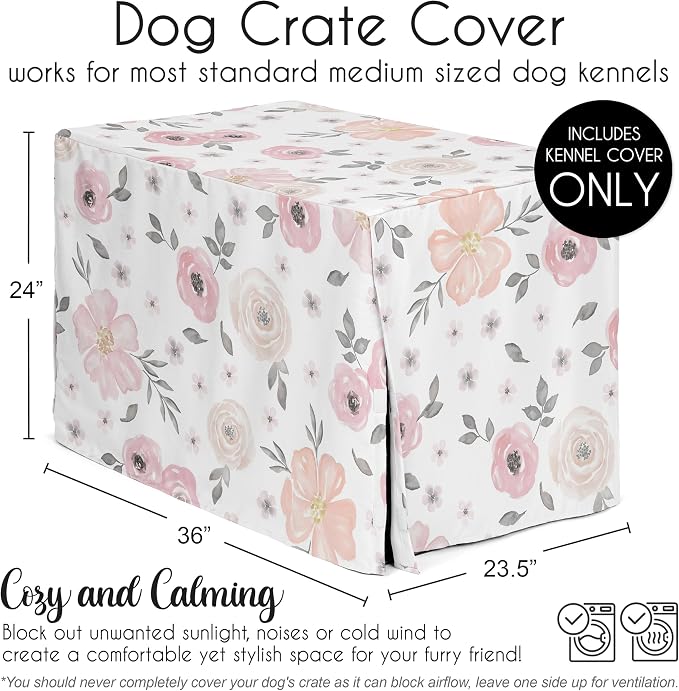Sweet Jojo Designs 36in. Medium Dog Crate Cover (Pink/Grey Boho Floral) for Girls Pet Cage, Kennel Covers (Watercolor, Flower, Elegant Rose, Bohemian, Shabby Chic, Farmhouse, Nature, Blush & Gray) - Image 5