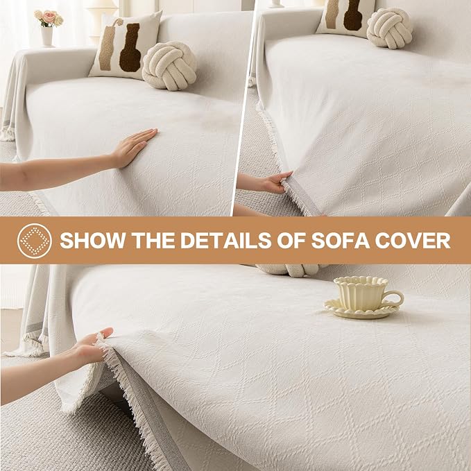 DREAMINGO Modern Chenille Couch Cover Blanket Washable Sofa Covers for 3 Cushion Couch Diamond Weave Textured Furniture Protector for Dogs Soft White Couch Throw Cover, XX-Large 71"x150" - Image 4