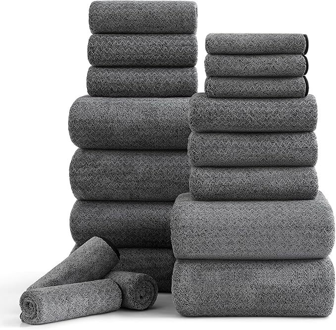 Ycosy 18 Piece Bath Towels Set,100% Microfiber Family Bathroom Towel with Hanging Loops-6 Bath Towels,6 Hand Towels,6 Washcloths,Quick Dry Highly Absorbent Shower Towel for Bathroom,Hotel,Spa-Black by Ycosy