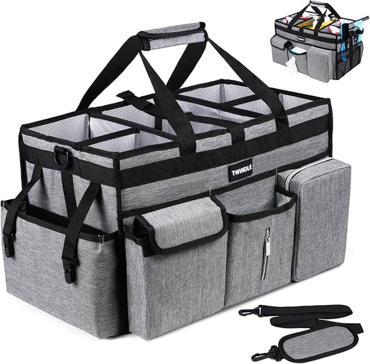 Extra Large Cleaning Caddy Bag with Rigid Support Board, Cleaning Organizer Tote with Detachable Divider, Adjustable Shoulder Strap & Waist Belt, Cleaning Supply Carrier for Cleaners & Housekeepers by TWINDLE