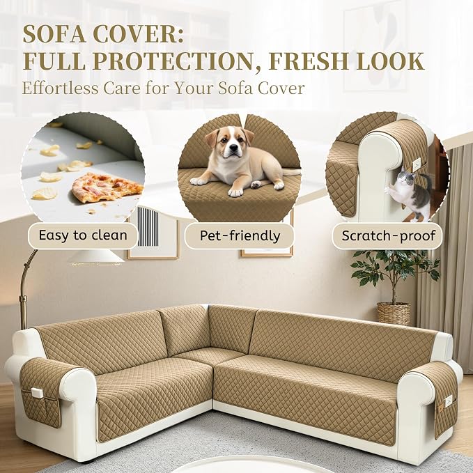 Sectional Couch Covers for Dogs 100% Waterproof Corner L Shaped Sofa Cover Pet Friendly Velvet Washable Anti Slip L Shape Modular Sofa Slipcover Protector with Pockets (Light Brown, X-Large) - Image 4
