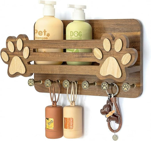 MTERSN Acacia Wood Dog Leash Holder for Wall – Cute Dog Paw Key Holder Wall Mount with Floating Shelf and 6 Hooks, Rustic Mail Organizer for Dog Accessories & Home Decor(Acacia Wood) by MTERSN