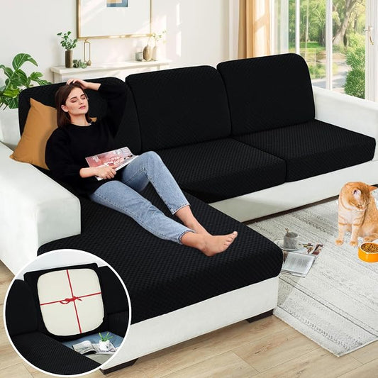【Clearance】 Sectional Couch Covers for L Shaped Chaise Lounge 1 Piece Separate Cushion Couch Universal Replacement Large Checkered Furniture Protector with Elastic Bottom (Chaise Cover, Black) by YEMYHOM