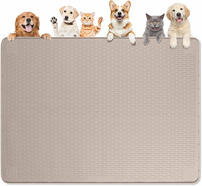 Dog Food Mat 50''x35'' Extra Large Dog Mat for Food and Water, Khaki | Silicone Dog Bowl Mat with Raised Edge, Waterproof Non-Slip Pet Feeding Mat for Floors, fit for Dog Cat Bowls by Bartuke