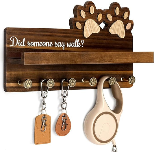 MTERSN Dog Leash Holder for Wall with Shelf – Wooden Key Holder Wall Mount with 6 Hooks & Floating Shelf – Cute Farmhouse Home Decor for Entryway, Living Room, Kitchen Decor(Dark Acacia) by MTERSN