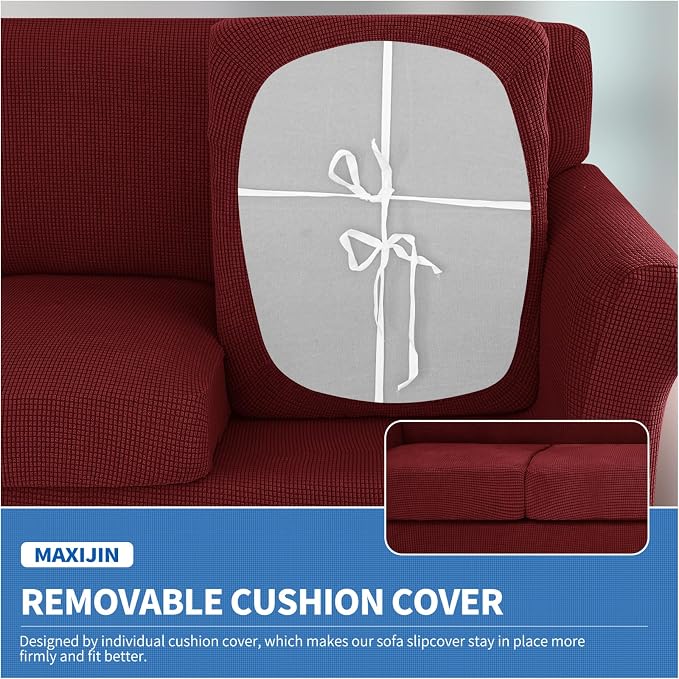 MAXIJIN 3 Piece Couch Covers for 2 Cushion Couch Super Stretch loveseat Sofa Cover for Dogs Pet Proof Furniture Protector Non Slip Couch Slipcover Washable (Wine Red, 71"-91"(2 Cushions)) - Image 4