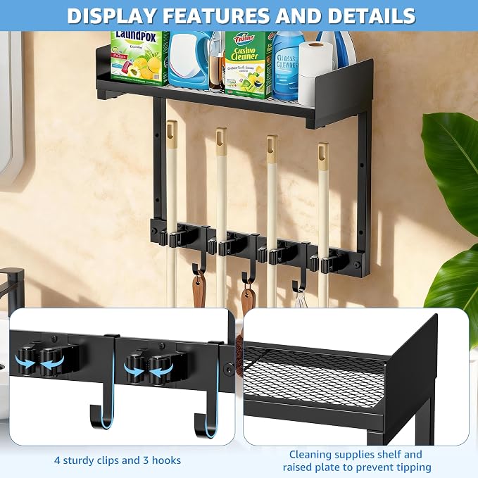 HUFAND 15" Wall Mounted Broom Holder and Mop Organizer with Shelf and Hook | Black Broom Holder Wall Mount, 4 Grippers, 3 Movable S-Hooks, For Garage And Laundry Room Storage - Image 5
