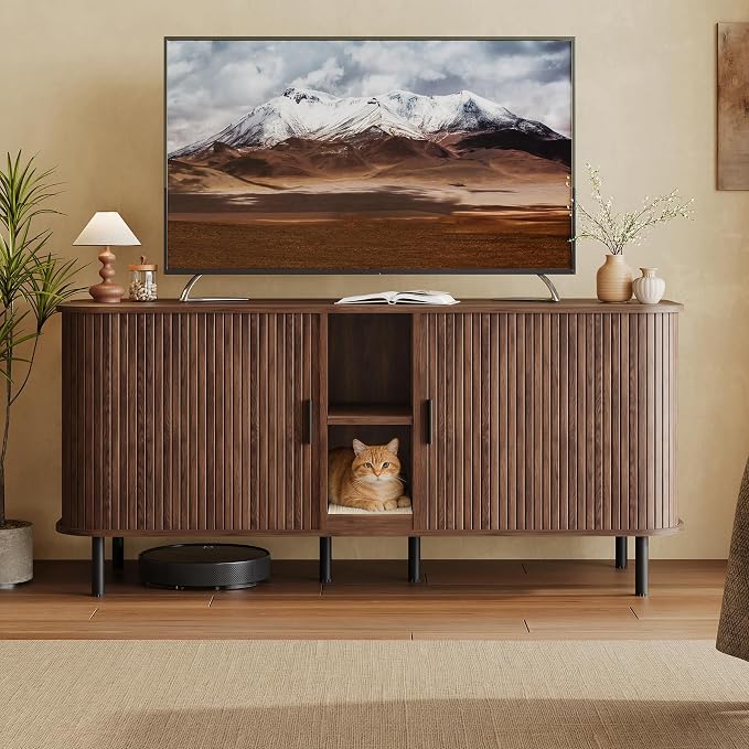 58" Double Cat Litter Box Enclosure, Large Hidden Litter Box Furniture for 2 Cats with Cat Scratch Pad, Mid Century Modern Indoor Cat House with Double Room, TV Stand, Side Table, Walnut - Image 7