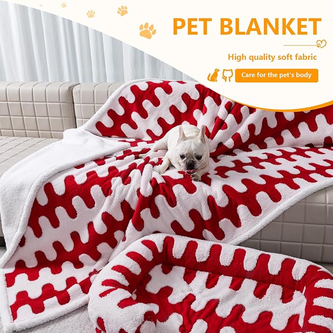 Waterproof 85x85in Pet Blanket Red Stylish Jacquard Sharpa Fleece Dog Blankets for King Size Bed Couch Sofa Covers Furniture Protection Washable Reversible Covers (Red Wave,XXL) - Image 5