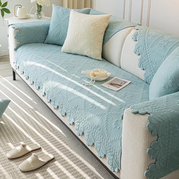 Cotton Quilted Dog Couch Cover for Sofa Farmhouse Rustic Embroidery Sectional Couch Cover Soft Anti-Slip Sofa Slipcover Furniture Protector for Kids, Pets (Blue,36"x70") - Image 4