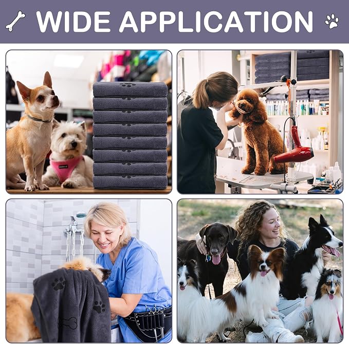 Chumia 8 Pcs Microfiber Dog Towels for Drying Dogs Cats 55 x 28 Inch Pet Towels Bulk for X-Large Puppy Absorbent Fast Drying Paw Bath Bathing Supplies for Pets(Dog Paw and Bone, Gray) - Image 2