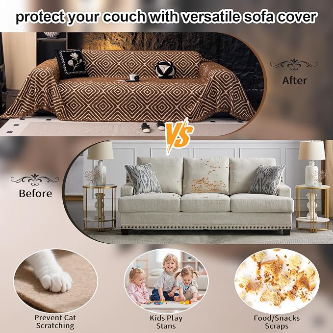 ROOMLIFE Couch Cover 3 Cushion Sofa, Washable Non Slip Furniture Sofa Protector Cover, Soft Chenille Sofa Slipcovers Sectional L Shape Dogs Couch Cover Throw Blanket with Tassels 71''X150'' - Image 2