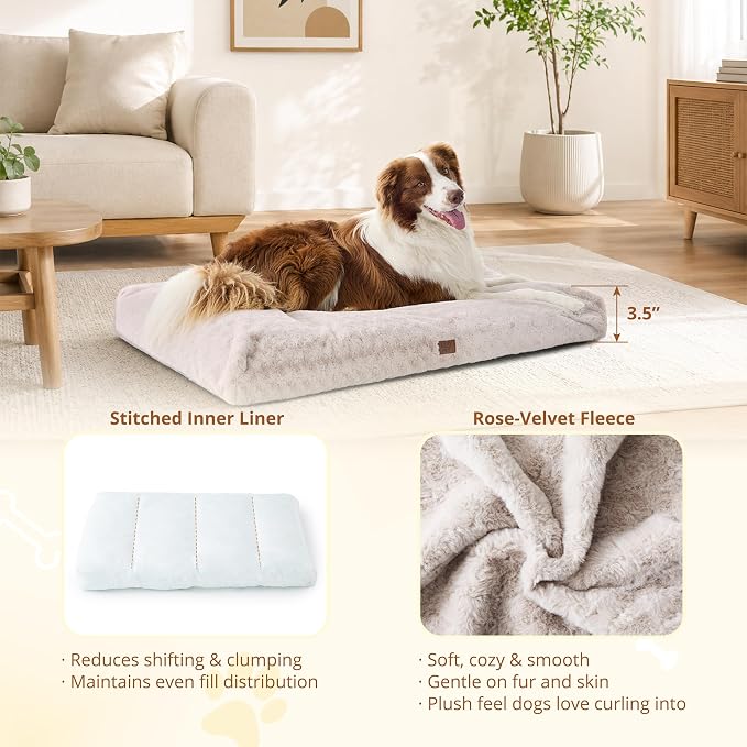 EGOHOME Dog Bed for Large Dogs, Shredded Memory Foam, Washable, Non-Slip | Balanced Support Foam, CertiPUR-US, Removable Washable Cover, Rose Velvet, Dog Crate Bed & Kennel Pad, 35 x 23 Inch, Beige - Image 2