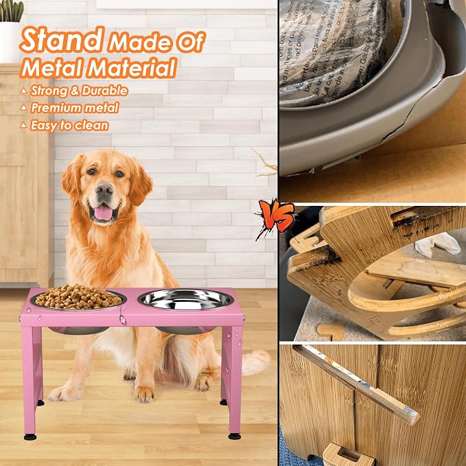 ADENGL Pink Metal Raised Dog Bowl Stand for Large Dogs, Stronger Elevated Dogs Bowls with Sprill Proof Mat, Food & Water Bowl 10in Tall Feeder (42OZ-Stainless Steel Dog Bowls, Mat-12x19 in) - Image 4