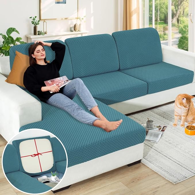 YEMYHOM 【Clearance】 Stretch Individual Cushion Covers Sofa Loveseat Seat Cushion Slipcovers Soft Couch Cover Replacement Large Checkered Furniture Protector with Elastic Bottom (2 Pc, Peacock Blue) by YEMYHOM