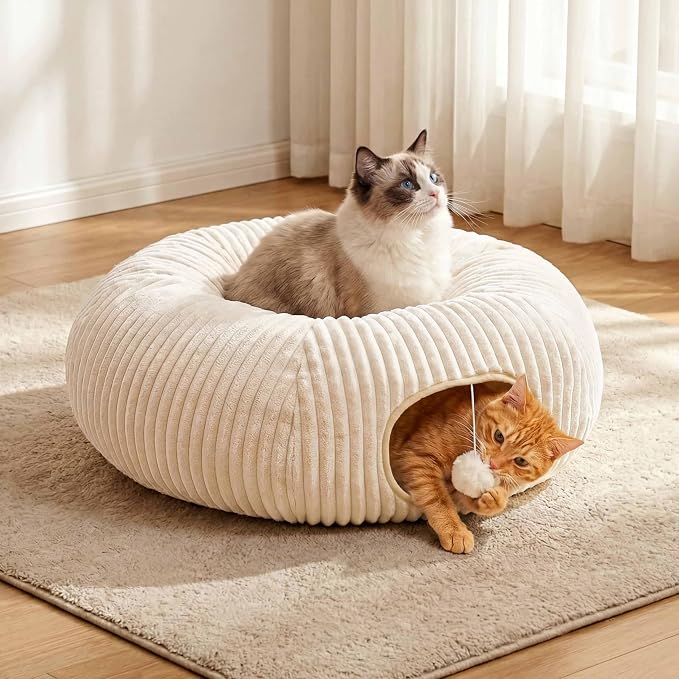 Cat Tunnel Bed with 40 Pcs Interactive Cat Toys, Cat Tube with Kitten Toys for Indoor Kittens, Collapsible Play Tunnel, White - Image 8