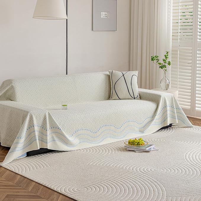 STACYPIK Summer Cooling Ice Silk Sofa Cover, Couch Cover for Sectional, Breathable Ice Silk Sofa Slipcovers for 2 Cushion Couch, Texture L Shape Protector Blanket for Pet & Hot Sleepers, Blue-71X118IN - Image 2