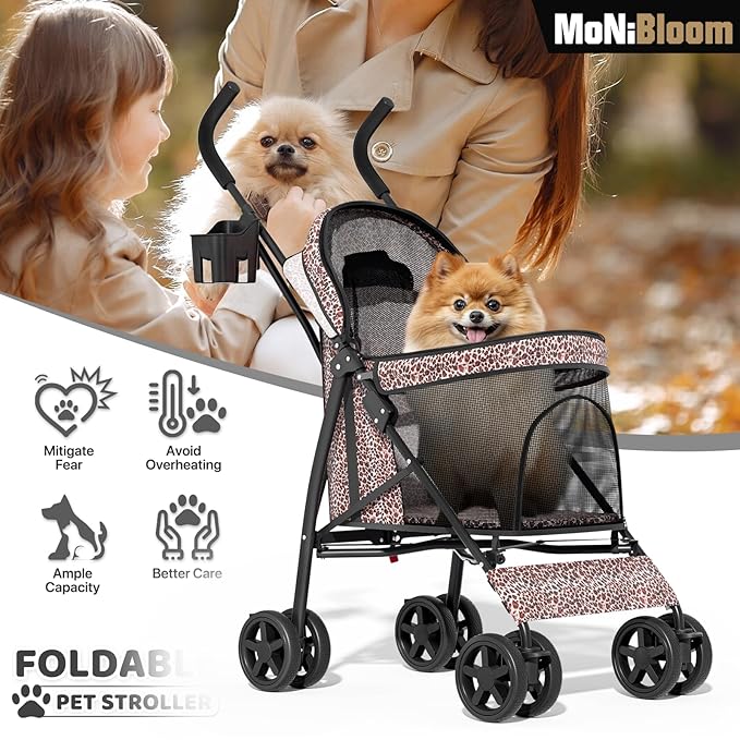 MoNiBloom 4 Wheels Pet Stroller, Easy-Fold Umbrella Shaped Dog Cat Jogger Stroller w/Storage Bag & Visible Mesh for Small/Medium Dogs Cats Leopard Print