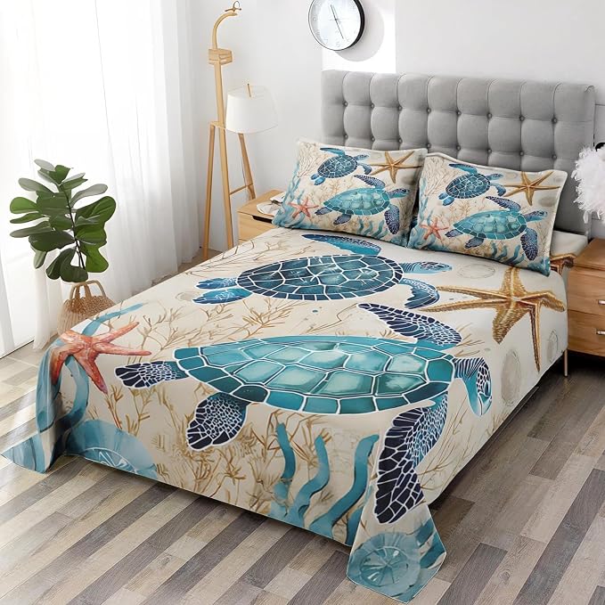 WeCozy Full Size Bed Sheet Sets with Pillowcases, Ocean Coral Sea Turtle 4 Pcs Soft Microfiber Bedding for Kids and Adults, Blue Shell Animal Flat, Fitted Sheet for Bedroom Bed Decor - Image 4