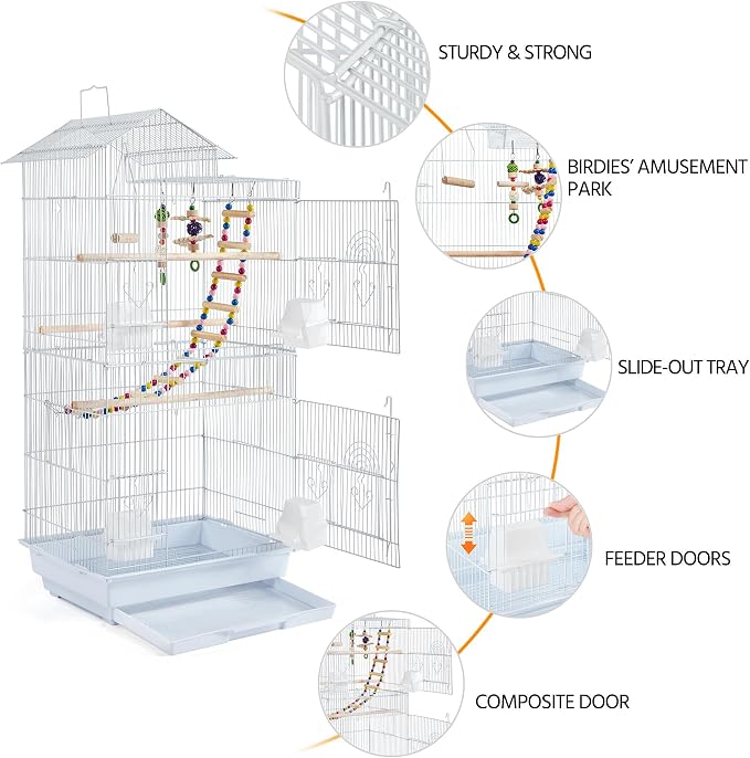 Yaheetech 39-inch Roof Top Medium Parakeet Bird Cages for Cockatiels Conures Finches Budgies Canaries Lovebirds Parakeets Green Cheek Small Birds Parrots, Travel Flight Birdcage w/Toys, White - Image 5