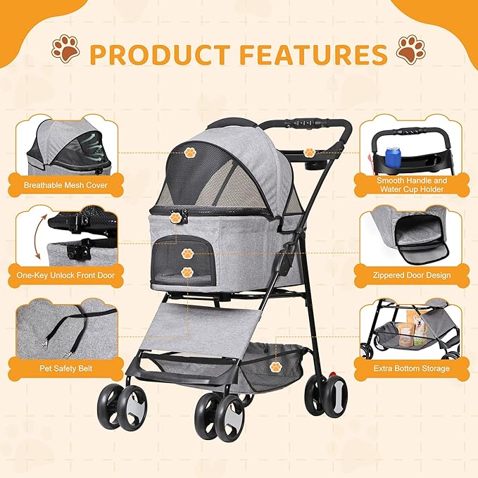 ZENY Pet Stroller, 3 in1 Foldable Dog Cat Jogger Stroller with 4 Wheels, Detachable Basket and Cup Holder, Travel Folding Carrier for Small/Medium Pet (Gray)