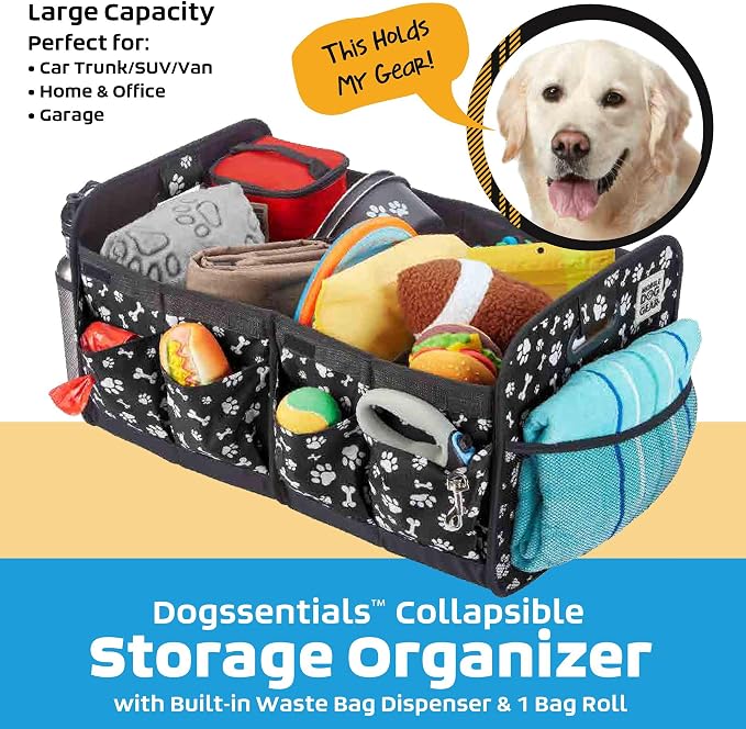 Mobile Dog Gear, Dogssentials Collapsible Storage Organizer for Travel with Built-in Waste Bag Dispenser, Includes 1 Roll of Waste Bags, Black/White Paw Bone Print, Meets Airline Regulations - Image 2
