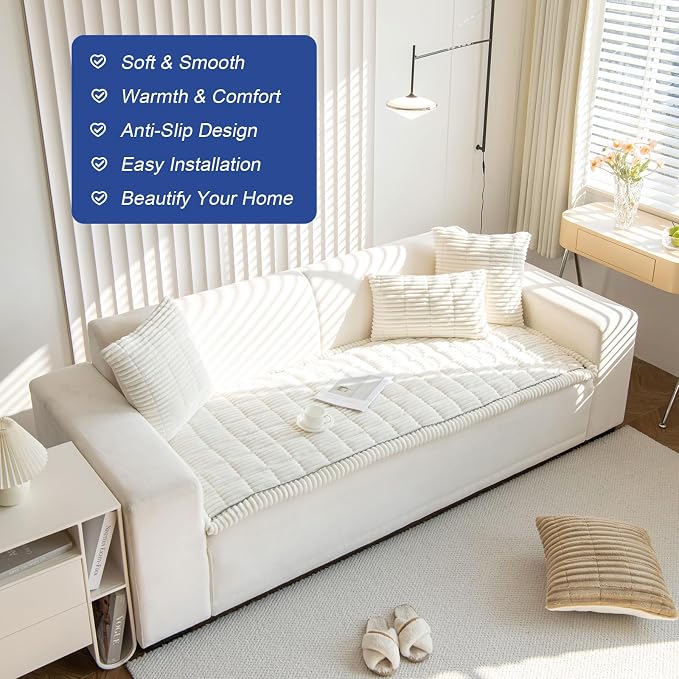 GKXLH New Thick Sofa Covers Washable - Soft Corduroy Universal Sofa Cover 2 3 4 Seater, Non-Slip Couch Cover, Couch Seat Covers Sofa Slipcovers Furniture Protector for Living Room (White, 90x160cm) | Soft Corduroy Sofa Cover, Corner Sofa Cover for Dogs... - Image 5