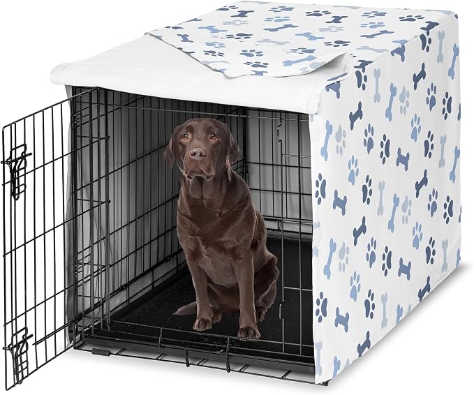 Sweet Jojo Designs 42in. Medium/Large Dog Crate Cover (Bones and Paw Prints) for Boys Pet Cage, Kennel Covers (Modern, Cartoon, Doggy, Puppy, Neutral, Paws Print, Whimsical, Playful, Slate Navy Blue) by SweetJojoDesigns