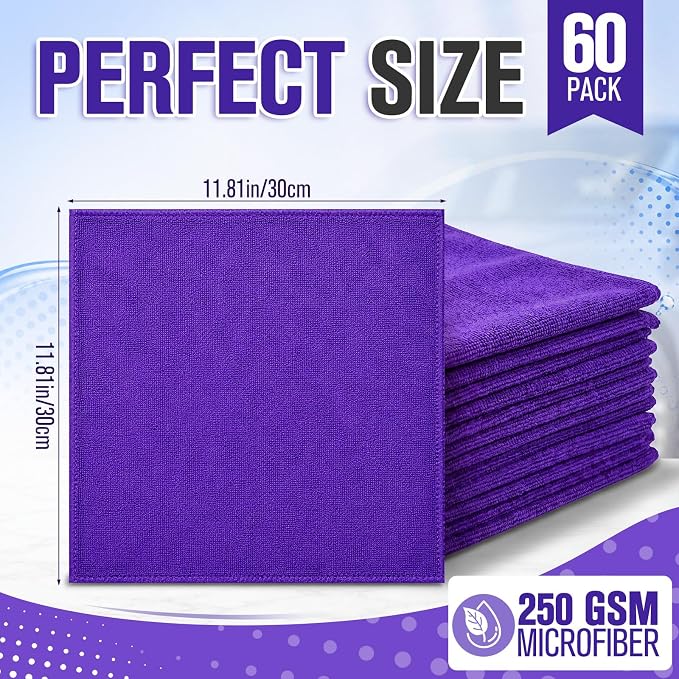 Nuenen Microfiber Cleaning Cloths for Cars Ultra Absorbent Car Towels Drying Reusable Cleaning Supplies House Kitchen Window Microfiber Towel (12 x 12 Inch, Purple, 60 Pcs) - Image 2