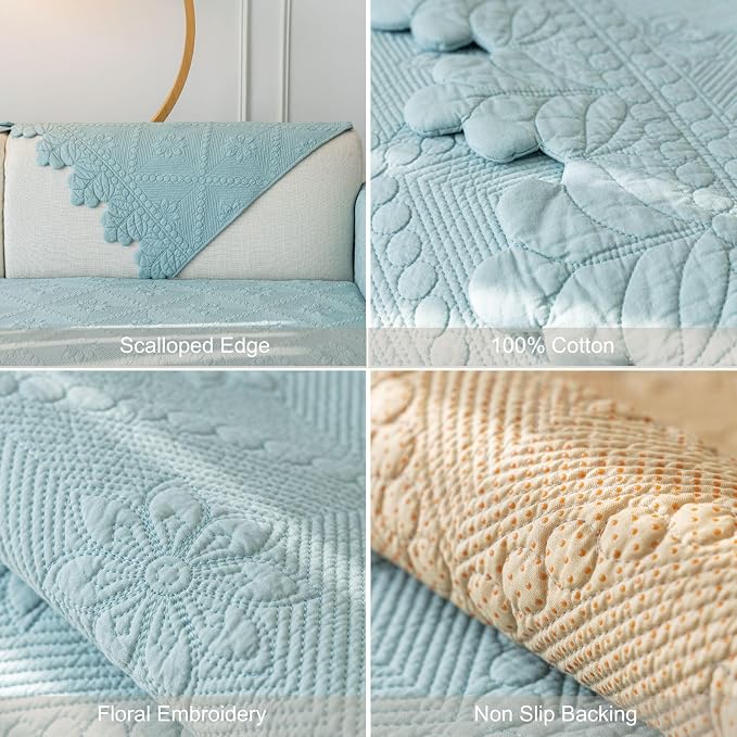 Cotton Quilted Dog Couch Cover for Sofa Farmhouse Rustic Embroidery Sectional Couch Cover Soft Anti-Slip Sofa Slipcover Furniture Protector for Kids, Pets (Blue,36"x70") - Image 7