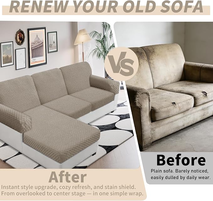 YEMYHOM Couch Cushion Covers for Sofa, Stretch Sectional Couch Seat Cushion Covers Washable Thick Furniture Protector Sofa Slipcovers for Pets (2 Seater + 1 Chaise, Khaki) - Image 4