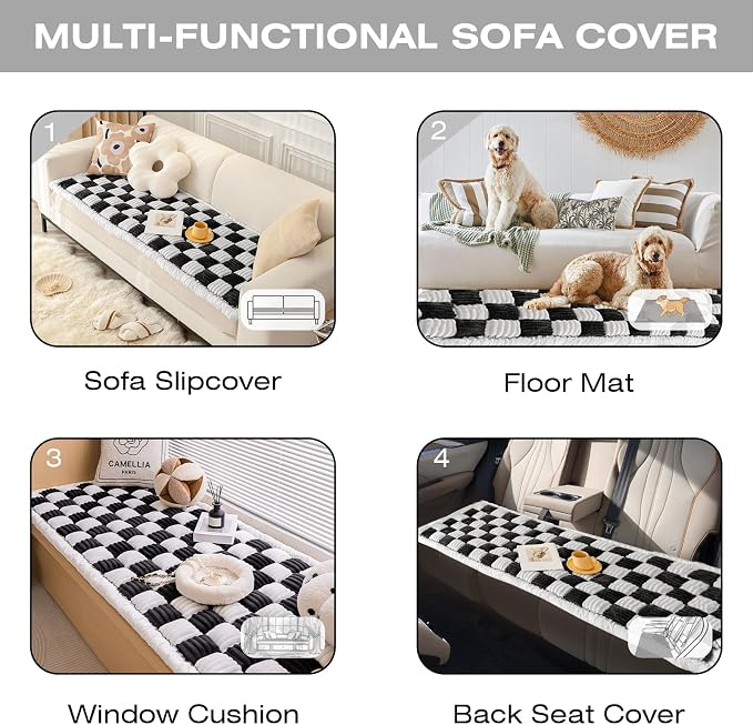 Fuzzy Couch Cover for Dog, Modern White Black Checkered Couch Cushion Cover | Non Slip Couch Cover for 2 Cushion Couch Sofa Pet Friendly, Washable Sofa Cover Durable Anti-pilling Furniture Protector - Image 8