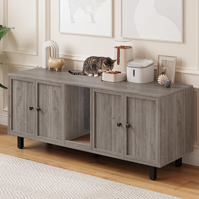 ONBRILL 59 Inches Cat Litter Box Enclosure for 2 Cats, Hidden Litter Boxes Furniture with Cat Scratch Pad, Large Indoor Pet House with Double Room, Wooden TV Stand Side Table, Grey - Image 3