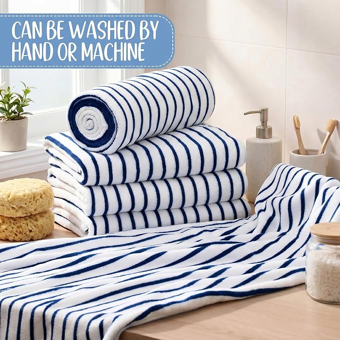 SmoothNovelty 16 Pack Microfiber Bath Towels Bulk 27'' x 60'' Oversized Size Bath Towel Highly Absorbent Extra Large Soft Drying for Beach Shower Summer Salon Sport Gym Party (Navy Blue,Stripes) - Image 4