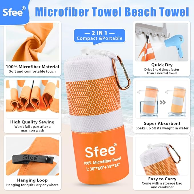 Sfee 2 in 1 Microfiber Oversized Beach Towel, Quick Dry Towel Travel Towel Camping Towel Super Absorbent Compact Lightweight Sports Gym Towels for Beach,Gym, Hiking, Pool, Backpacking, Bath, Yoga - Image 2