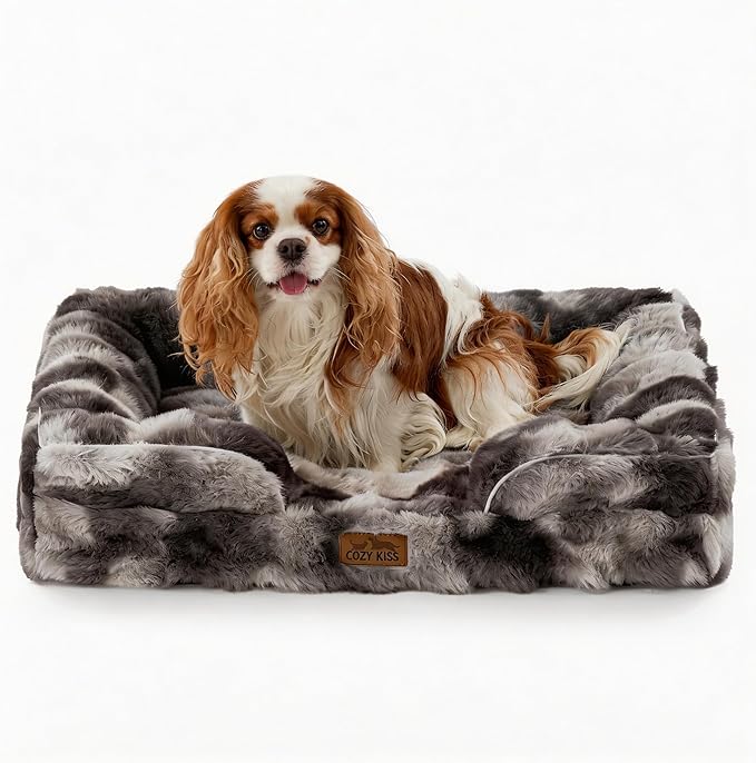 COZY KISS Orthopedic Dog Bed for Medium Small Size Dog, Soft and Warm Faux Fur Sofa for Pet Up to 40 lbs, Foam Bolster Anti-Slip Couch with Washable Removable Cover, M 30x20x6.5 inch, Tie Dye Grey by COZYKISS