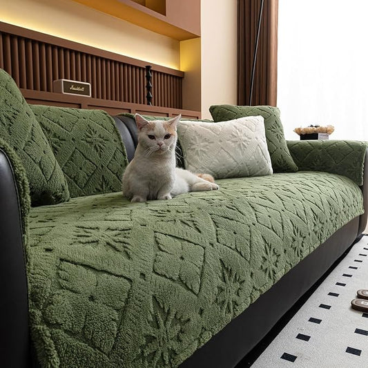 STACYPIK Fuzzy Plush Washable Dog Couch Cover, Boho Geometric Green Sofa Dog Bed Protector Living Room, Anti-Scratch Anti-Slip Armrest Headrest, Jacquard Pet Protector for 3 Cushion Couch-27.6X82.7IN by STACYPIK