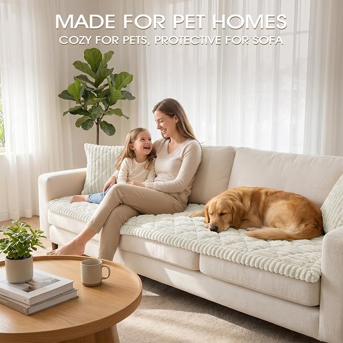 Non-Slip Washable Couch Cover for Dogs, Thick Plush Grid Flannel | 27.6"x82.7", Cream, 0.8" Thick, Rubber Dot Backing, Pet-Friendly Protector for Sofa, Floor, Window Bench, Car Seat or Camping - Image 2
