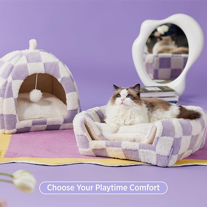 Lesure 2in1 Cute Cat House for Kitten with Washable Cushioned Pillow,17.3in | Cat Beds for Indoor Cats,Small Pet Cave Tent,Cozy Enclosed Foldable Hideaway,Fluffy Ball,Anti Slip Bottom,Hand Strap,Purple - Image 3