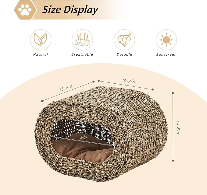 Cat House,Handwoven Cat Cave Pet Cube, Natural Cat Beds Indoor Kitten House with Double-Sided Soft Cushions, Pet Cat House for Multiple Cats, for Living Room Bedroom - Image 2