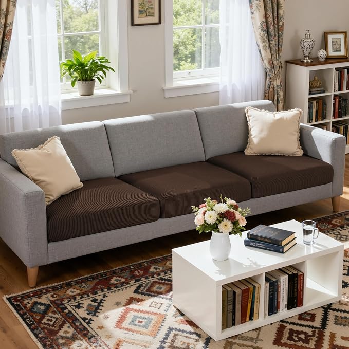 CHUN YI 3 Piece Couch Cushion Covers for XL-Sofa Seat Slipcovers Suitable with Spandex Jacquard Washable Fabric (3 Piece XL-Sofa Cushion Covers, Chocolate) - Image 2