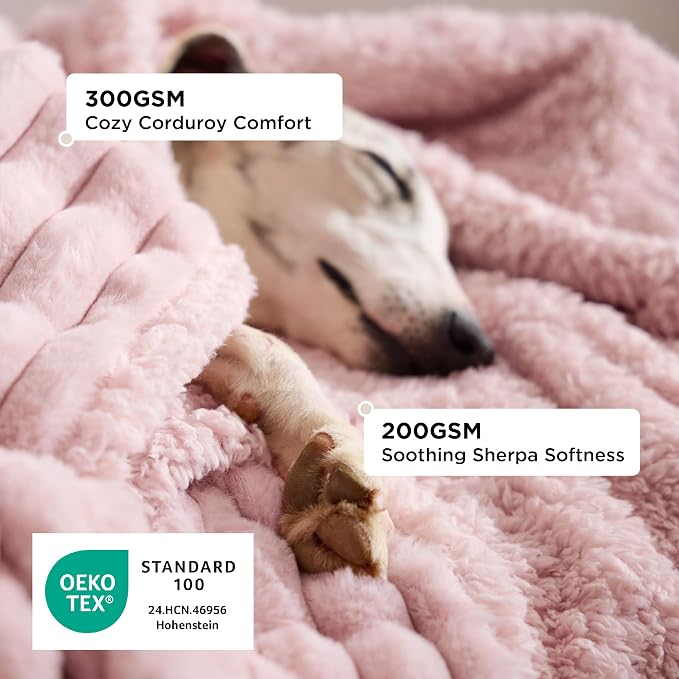 Bedsure ComfyFleece™ Waterproof Dog Blankets for Large Dogs,50x60 | Soft Plush Couch Cover,Washable Corduroy Fleece for Furniture Protector,Cozy Calming Reversible Pet Blanket, Blush Pink - Image 2