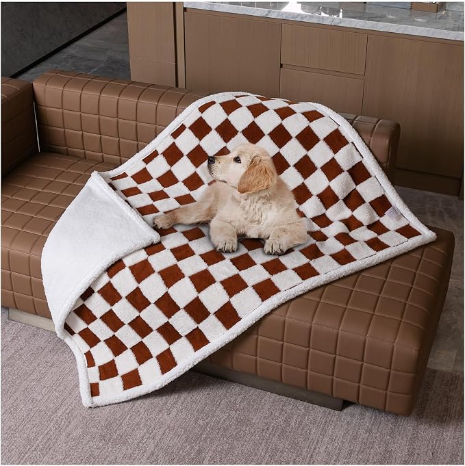 Waterproof Pet Blanket,Checked Jacquard Pets Throw Dog Blankets Dog Bed Covers Couch Sofa Stylish for Puppy Cats Washable Reversible Furniture Protection Covers (Coffee Check,S) - Image 2