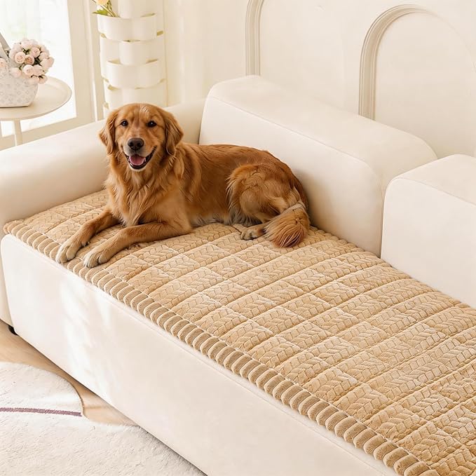 KRFOONN Non Slip Couch Cover for Dogs Washable Sofa Covers for 3 Cushion Couch Cushion Covers Sofa Slipcovers Couches Furniture Protector with Elastic Straps for Dogs Pets Mat (Khaki, 27.6" x 82.7") by KRFOONN